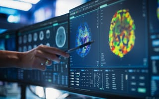 A hand points at colorful brain scans on multiple high-tech monitors in a medical lab setting, suggesting analysis or diagnosis. The atmosphere is focused and analytical.
