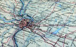 10 Companies in St. Louis to Know A detailed map focuses on Missouri and Illinois, highlighting St. Louis with major highways, rivers, and surrounding towns marked in red and blue lines.