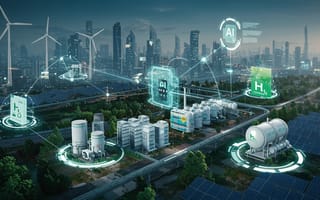 Futuristic cityscape with AI technology icons overlaying hydrogen plants, wind turbines, and solar panels. The scene conveys innovation and sustainability.