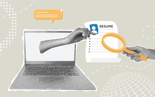 A hand reaches out from a computer screen to grab a resume.
