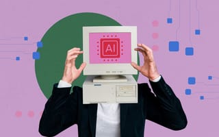 How Do Americans Feel About AI? Pretty Anxious, Actually. A person in a suit holding an old computer with a the letters "AI" displayed on a pink screen. The background is darker pink with blue squares and a green circle surrounding the person.