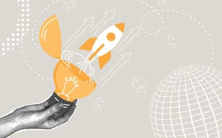 An illustration of a hand holding a lightbulb with a rocket shooting out of it set against a backdrop strewn with dollar signs, curving dotted lines and a sphere, symbolizing the idea of launching a new product