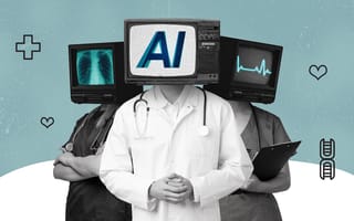 Three healthcare professionals with computer screens for heads, with the middle screen displaying the initials "AI." The background is white and forest-green.