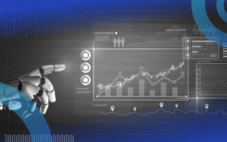 A robotic hand points at a data chart