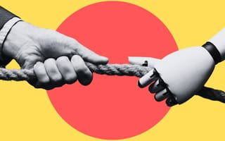 A human hand and a robotic hand tug on opposite ends of a rope.