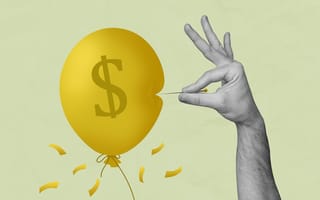 A hand in grayscale holds a pin popping a yellow balloon with a dollar sign on it. The background is light green.