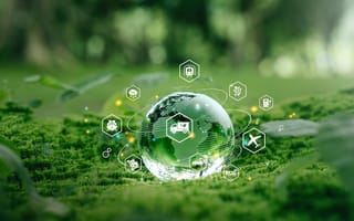 A bubble of water on a green surface is pictured surrounded by icons representing various industries.