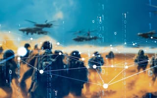 An illustration of connected data points in the foreground of the image with soldiers and helicopters in the background to represent defense tech.