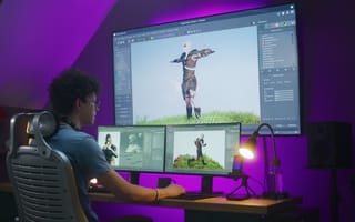 A game developer sits at a desk in a dark room working on animations across three different computer monitors.