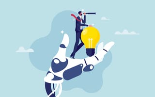 An illustration of a businessman standing in the palm of a robot’s hand while leaning on a giant lightbulb and looking through a telescope, symbolizing the idea of driving innovation with the help of AI