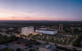 Aerial view of a modern office complex at dusk, surrounded by trees and roads. The sky is a gradient of pink and blue, evoking a calm atmosphere.