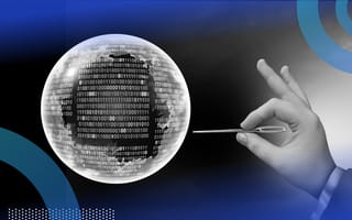 A hand with a pin is about to pop a bubble full of binary code