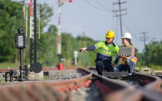 Two workers in harder hats and other safety gear stand near a railway.
