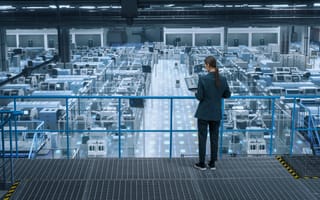 A woman in business attire stands on a platform overlooking a vast, brightly lit factory floor filled with machinery, conveying a sense of modern technology and industry.