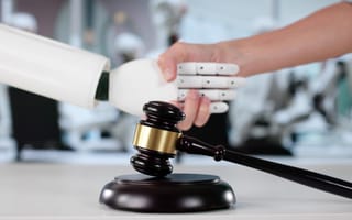 A human hand shakes a robot hand over a judge's gavel on a table, symbolizing collaboration between technology and law in a futuristic setting.
