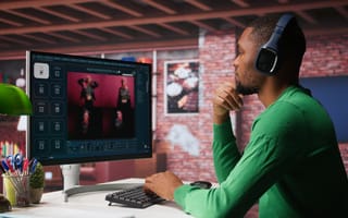 A man in a green sweater and headphones sits at a desk, focused on a computer screen displaying graphic design software. The room has a modern, cozy feel.