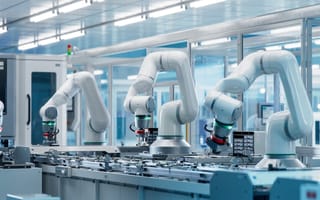 Multipe robotic arms work on an assembly line in a chip production facility.