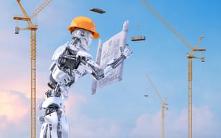 A humanoid robot with a construction helmet examines blueprints against a backdrop of cranes and a clear sky, symbolizing futuristic engineering.