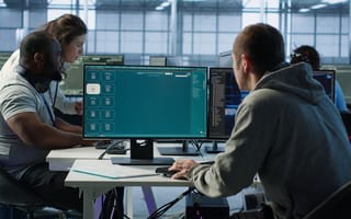 Three people work at a desk with multiple computer screens displaying data. The setting is a modern, open office, conveying focus and collaboration.
