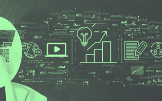 B2B marketing, person working on laptop, with digital marketing symbols in the background.