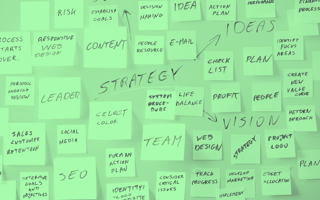 A bunch of sticky notes on a board, a brainstorm session.