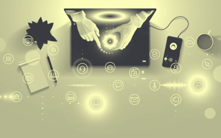 Laptop connected with symbols representing apps.