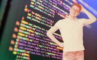 person looking confused, code in the background, reading code