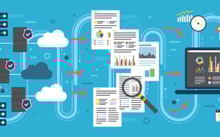 computer hardware, data reports and charts looked at through magnifying glass