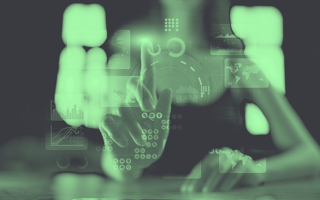 Person touching a transparent touch screen with data.