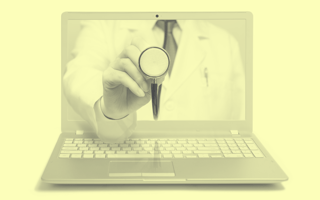 Doctor with stethoscope coming out of a laptop.