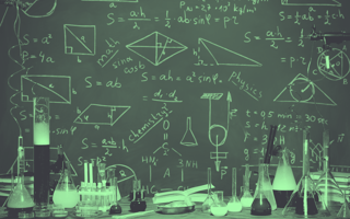 Lab equipment and a chalk board with equations
