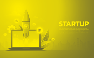 A rocket launches from a laptop
