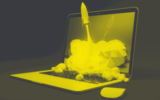 A digital rocket launches from a laptop