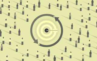 A bullseye in the middle of a crowd of cartoon people.