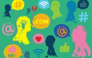 Different-colored silhouettes on green background. Pink, yellow, orange, blue and red symbols.