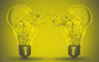 Two light bulbs swapping cogs to illustrate innovation collaboration concept.