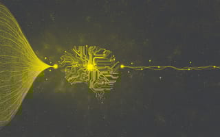 Machine learning concept, lines going into a machine brain.