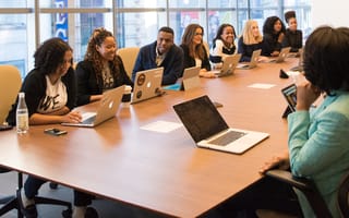 A stock photo of a company meeting