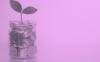 Glass jar filled with coins, a plant is growing from it.