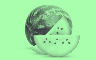 A watermelon is green on the outside, red on the inside