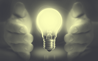 Hands protecting lightbulb.