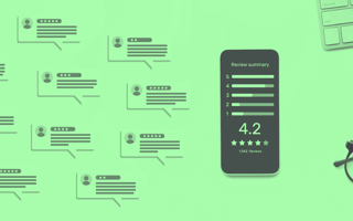 A phone with a review summary, a bunch of speech bubbles with reviews on them.