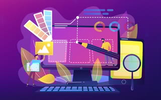 digital art of miniature people using design tools across a desktop computer