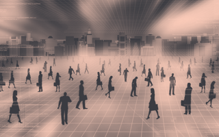 Image of a virtual city with shadow people.