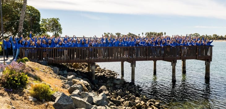 BetterCloud team members wearing blue shirts standing on a pier over the water