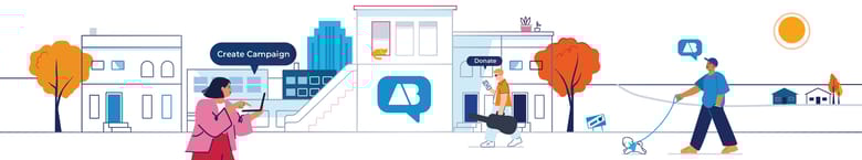 Three citizens go about their daily life: one is walking his dog, the second is texting while walking with a guitar case and the last a creating a campaign using the ActBlue Platform