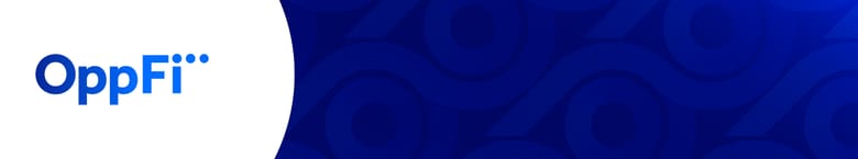 OppFi logo in blue on a white circle to the left with blue spherical design to the right