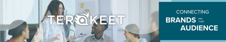 Five professionals hold a meeting next to the words "Terakeet: Connecting brands and their audiences"