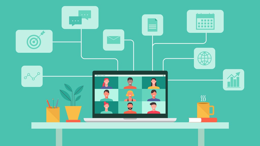 Illustration of people connecting through video conferencing