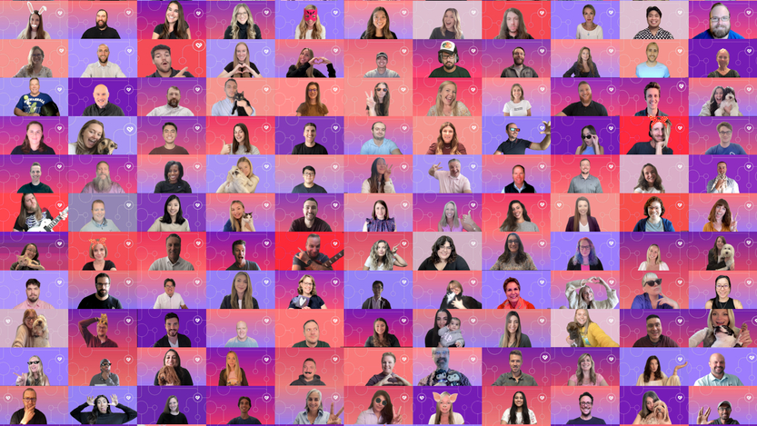 zoom meeting of the artera team but coordinated by colors of red, blue and purple